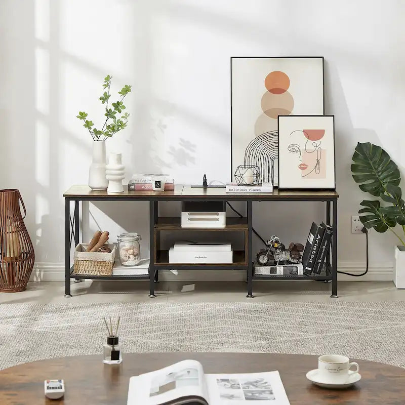 Meuble TV en bois avec station de recharge, étagères de rangement, meuble TV pour centre de divertissement