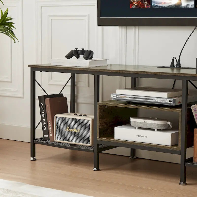 Meuble TV en bois avec station de recharge, étagères de rangement, meuble TV pour centre de divertissement