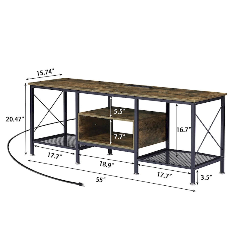 Meuble TV en bois avec station de recharge, étagères de rangement, meuble TV pour centre de divertissement