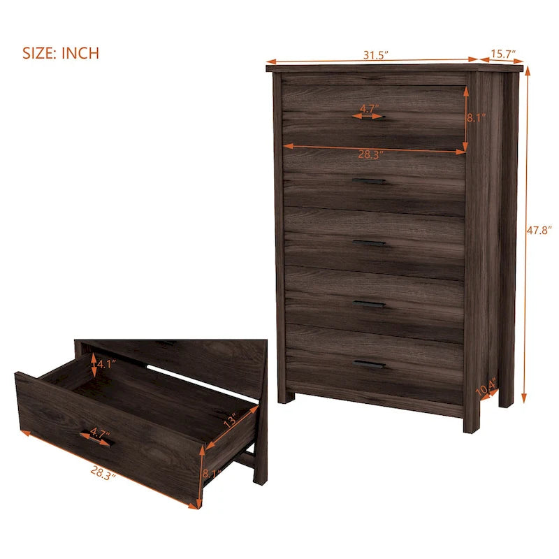 Commode verticale de style rétro en bois à 5 tiroirs avec poignées en métal pour chambre à coucher