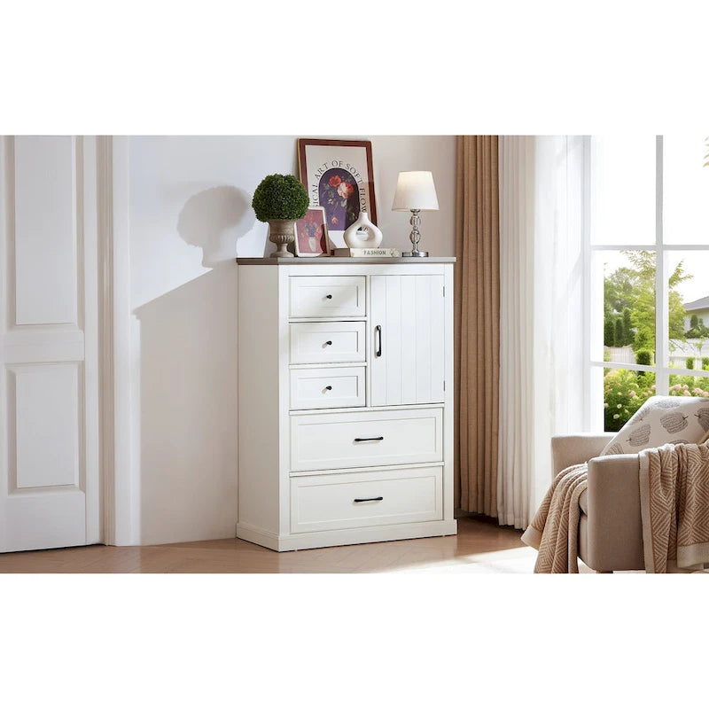 Commode de monsieur à 5 tiroirs de style campagnard, Grande commode, Meuble de rangement pour salon