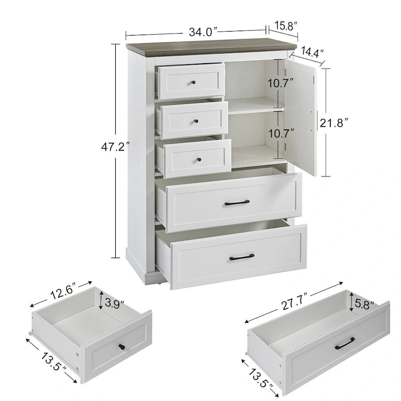 Commode de monsieur à 5 tiroirs de style campagnard, Grande commode, Meuble de rangement pour salon