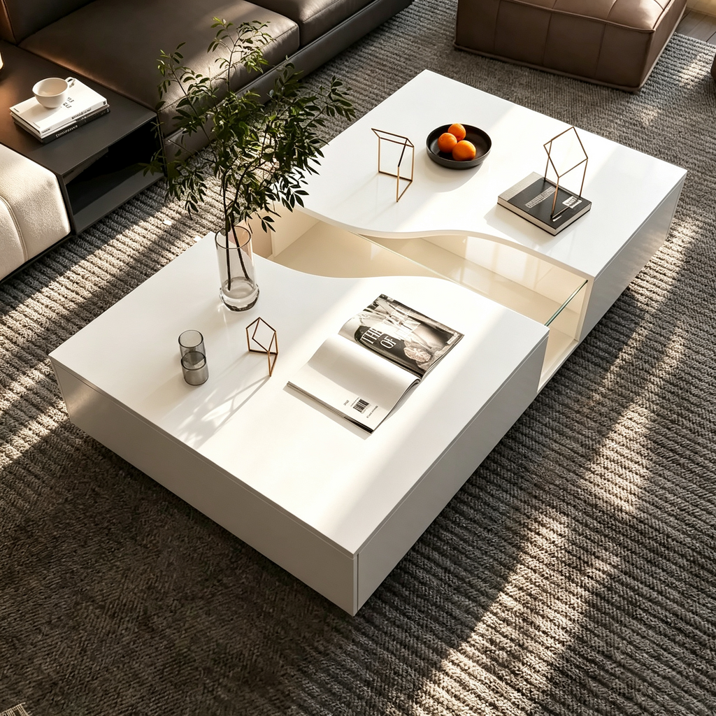 Table basse blanche contemporaine, contour LED coloré – 55,1 W