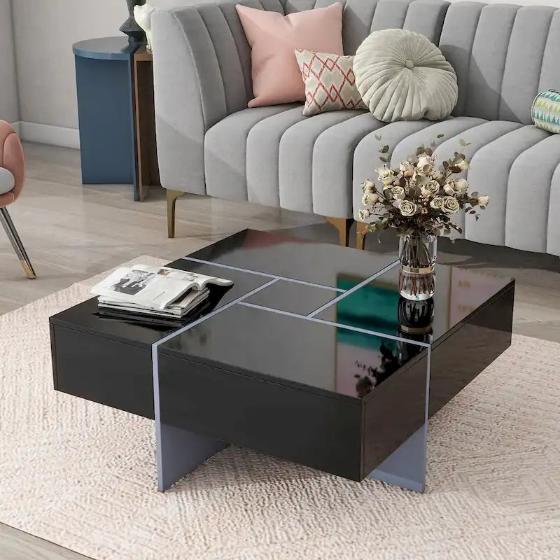 Table basse design moderne et tendance avec rangement dissimulé - 80 x 80 x 35 cm