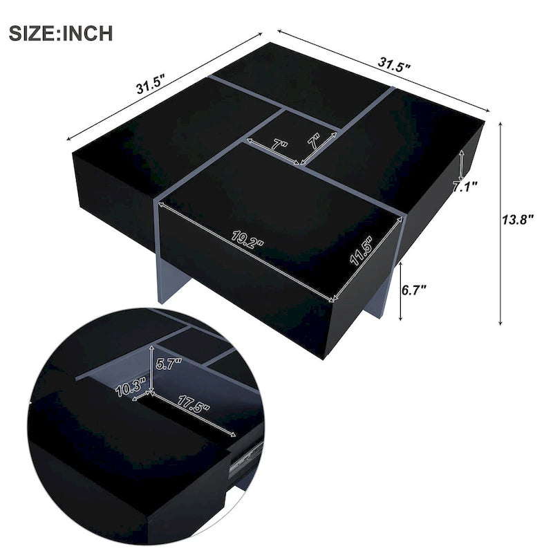 Table basse design moderne et tendance avec rangement dissimulé - 80 x 80 x 35 cm