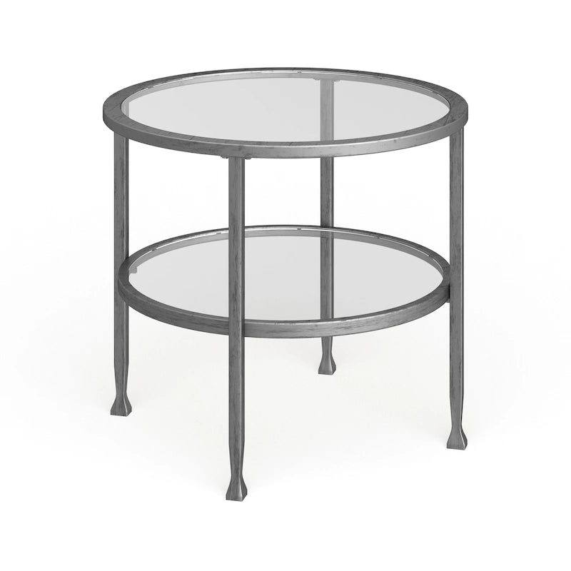 Table d'appoint ronde en métal argenté avec étagère
