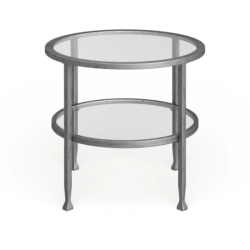 Table d'appoint ronde en métal argenté avec étagère