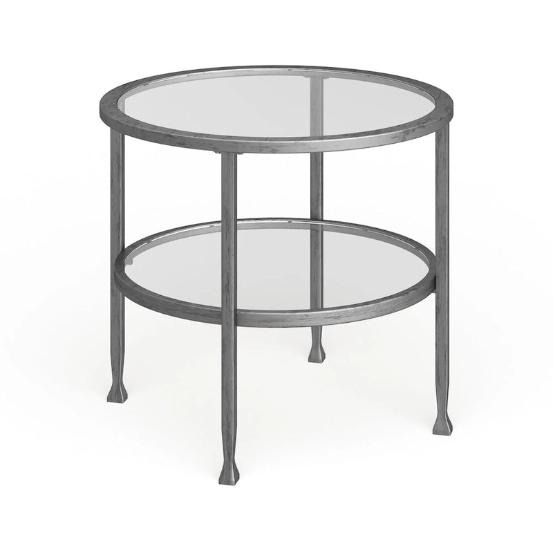 Table d'appoint ronde en métal argenté avec étagère