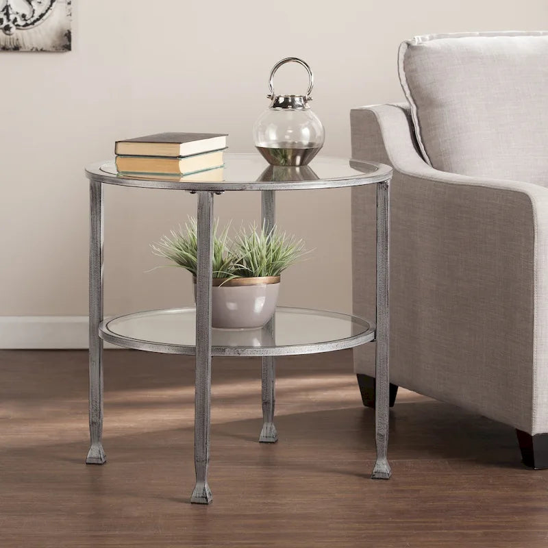 Table d'appoint ronde en métal argenté avec étagère