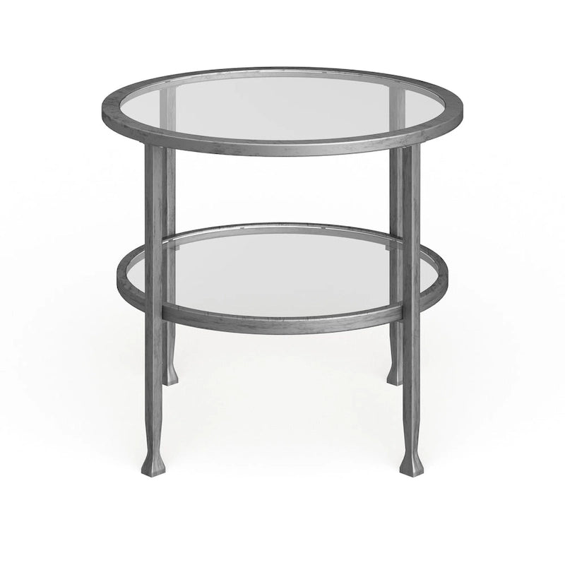 Table d'appoint ronde en métal argenté avec étagère