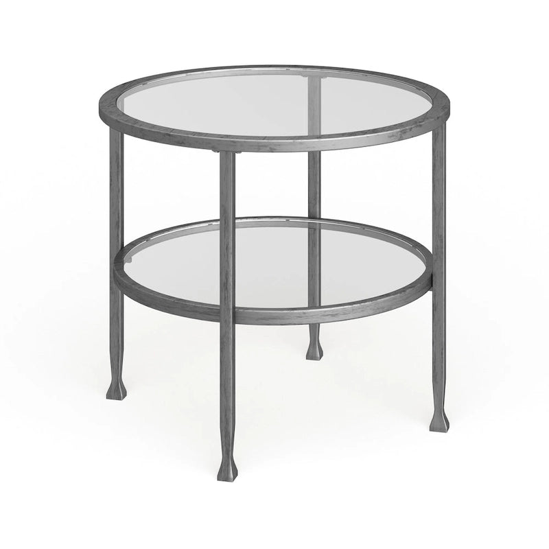 Table d'appoint ronde en métal argenté avec étagère