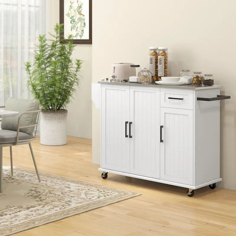 Îlot de cuisine avec rangement, îlot de cuisine roulant sur roulettes avec tiroir, 3 armoires, plan de travail en acier inoxydable