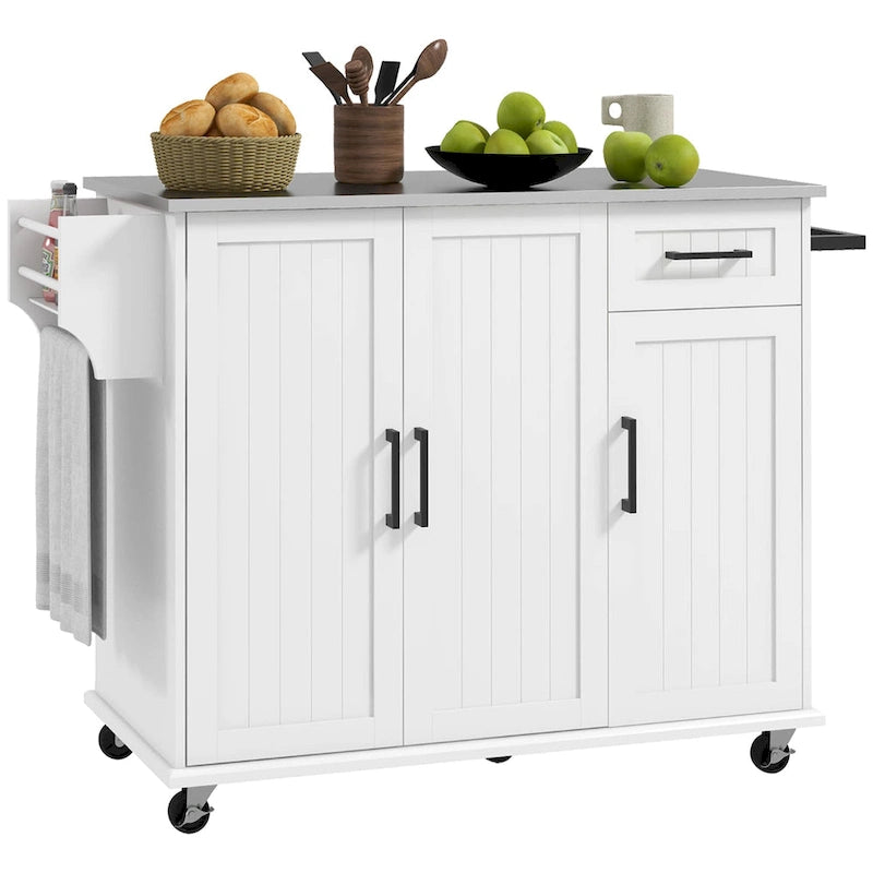 Îlot de cuisine avec rangement, îlot de cuisine roulant sur roulettes avec tiroir, 3 armoires, plan de travail en acier inoxydable