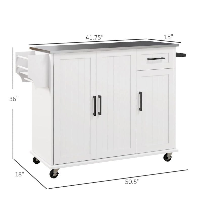 Îlot de cuisine avec rangement, îlot de cuisine roulant sur roulettes avec tiroir, 3 armoires, plan de travail en acier inoxydable