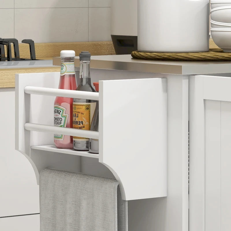 Îlot de cuisine avec rangement, îlot de cuisine roulant sur roulettes avec tiroir, 3 armoires, plan de travail en acier inoxydable
