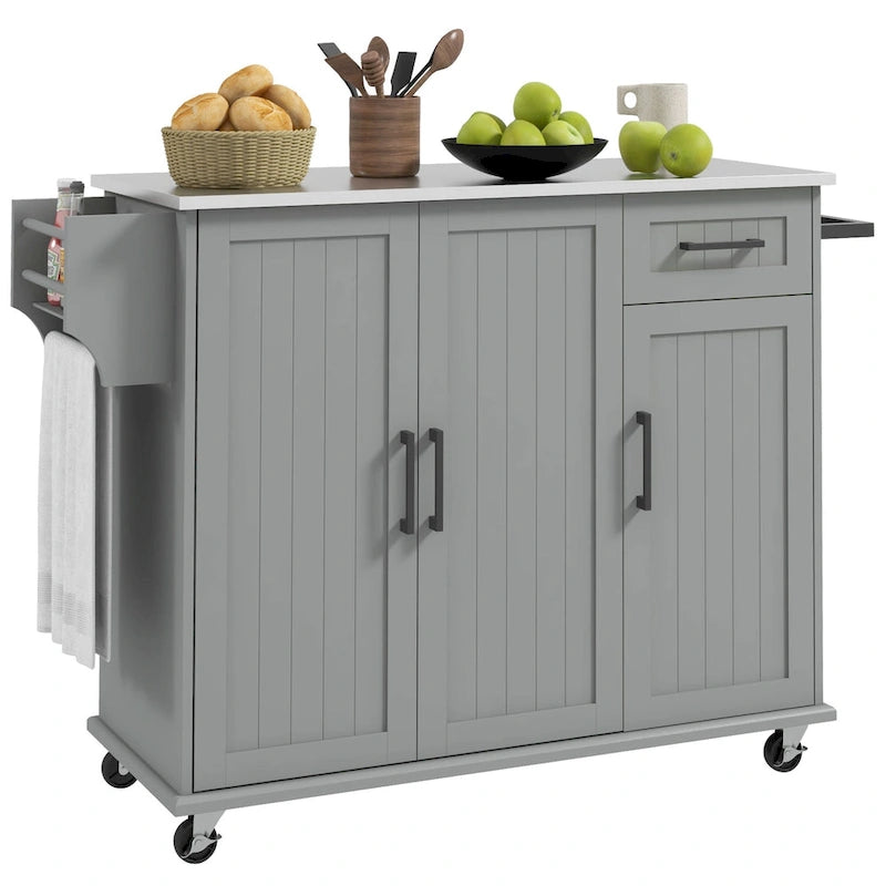 Îlot de cuisine avec rangement, îlot de cuisine roulant sur roulettes avec tiroir, 3 armoires, plan de travail en acier inoxydable