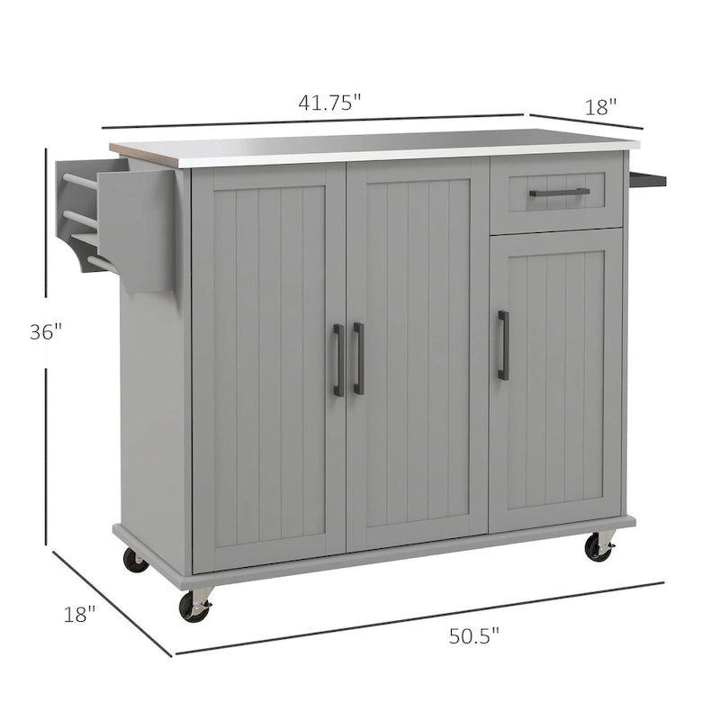 Îlot de cuisine avec rangement, îlot de cuisine roulant sur roulettes avec tiroir, 3 armoires, plan de travail en acier inoxydable