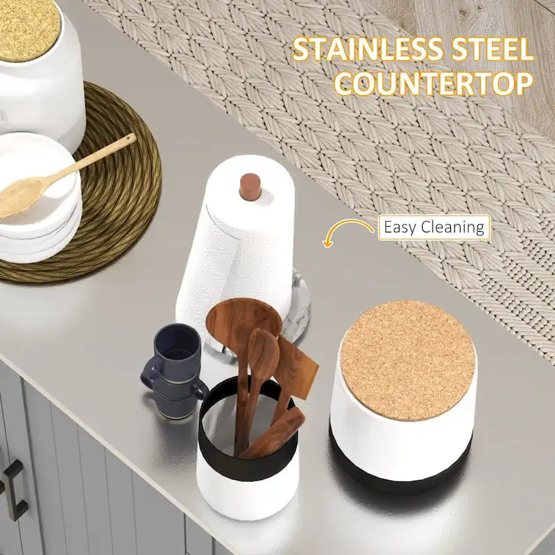 Îlot de cuisine avec rangement, îlot de cuisine roulant sur roulettes avec tiroir, 3 armoires, plan de travail en acier inoxydable