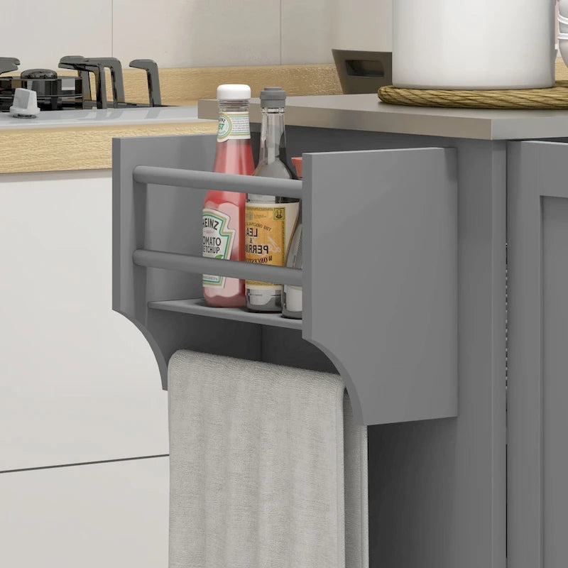 Îlot de cuisine avec rangement, îlot de cuisine roulant sur roulettes avec tiroir, 3 armoires, plan de travail en acier inoxydable