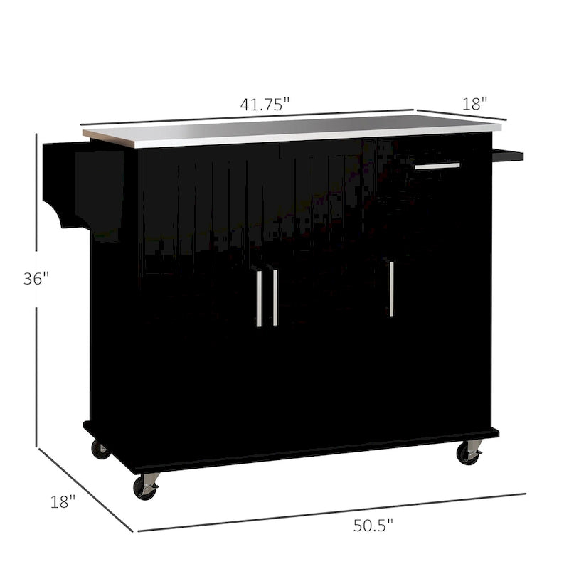 Îlot de cuisine avec rangement, îlot de cuisine roulant sur roulettes avec tiroir, 3 armoires, plan de travail en acier inoxydable