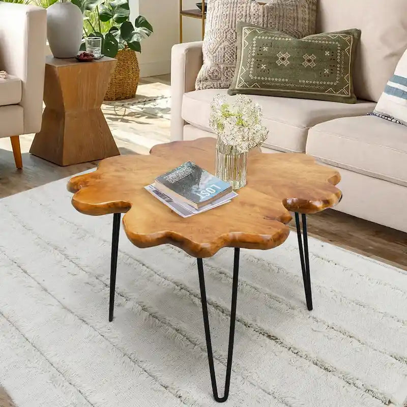 Table basse en bois à bords bruts 4 panneaux avec pieds épingles
