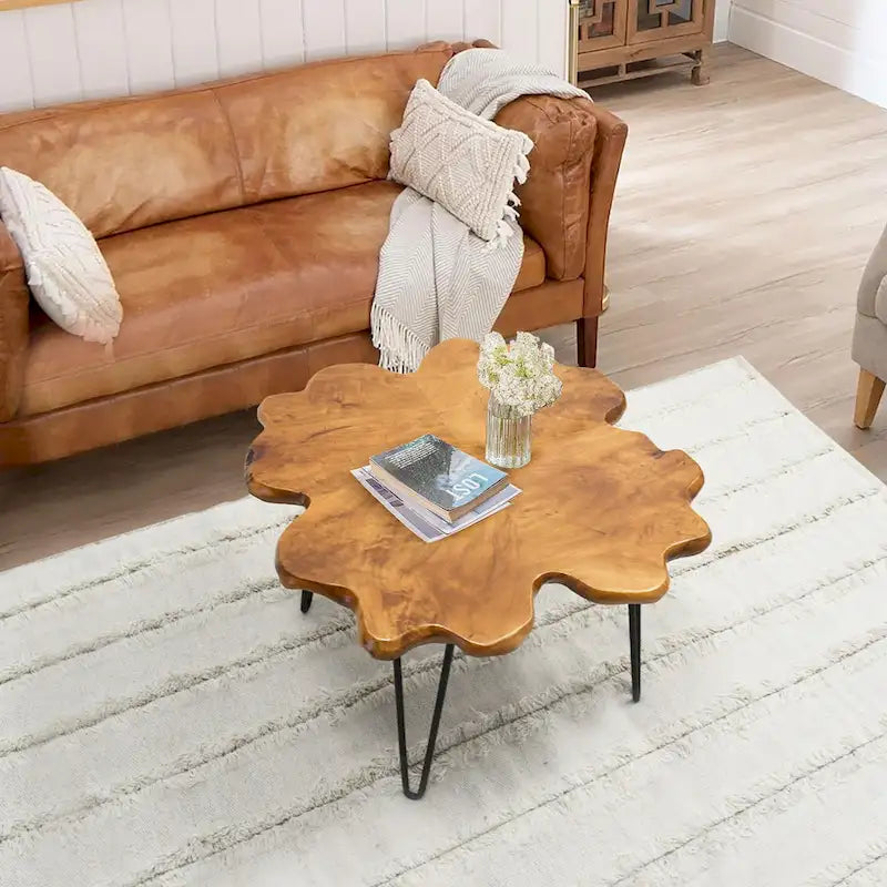 Table basse en bois à bords bruts 4 panneaux avec pieds épingles