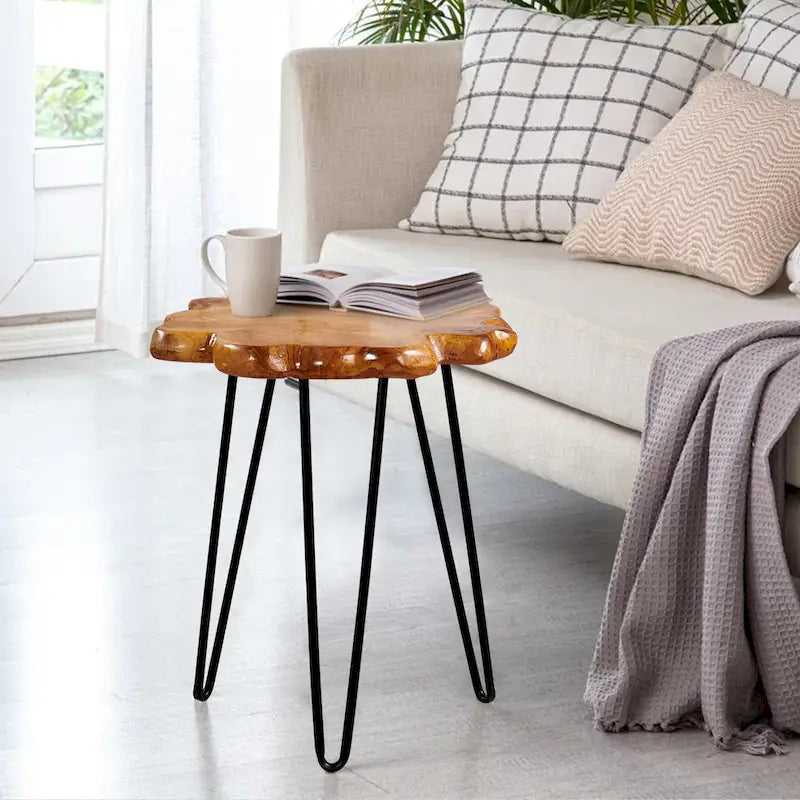 Table basse en bois à bords bruts 4 panneaux avec pieds épingles