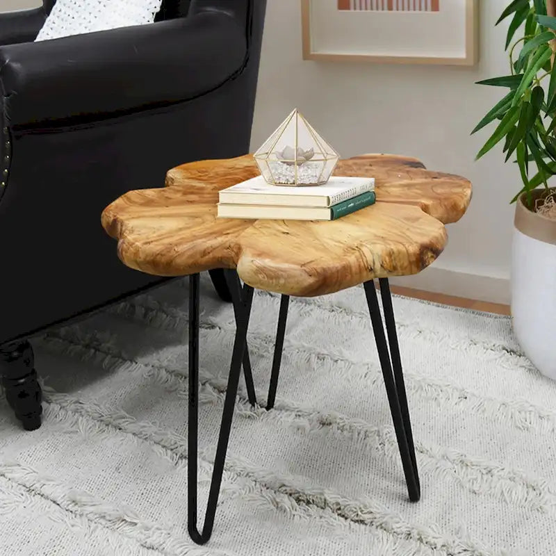 Table basse en bois à bords bruts 4 panneaux avec pieds épingles
