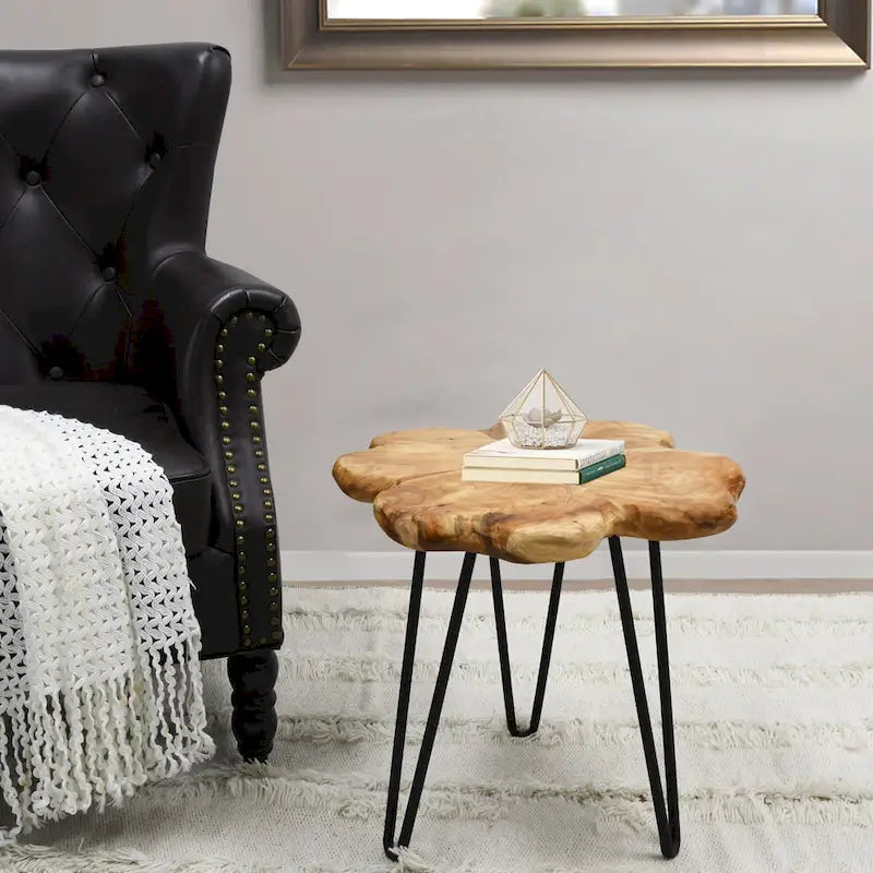 Table basse en bois à bords bruts 4 panneaux avec pieds épingles
