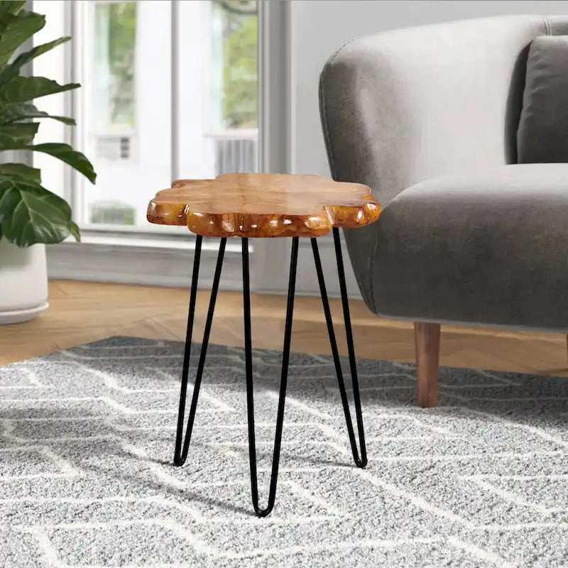Table basse en bois à bords bruts 4 panneaux avec pieds épingles