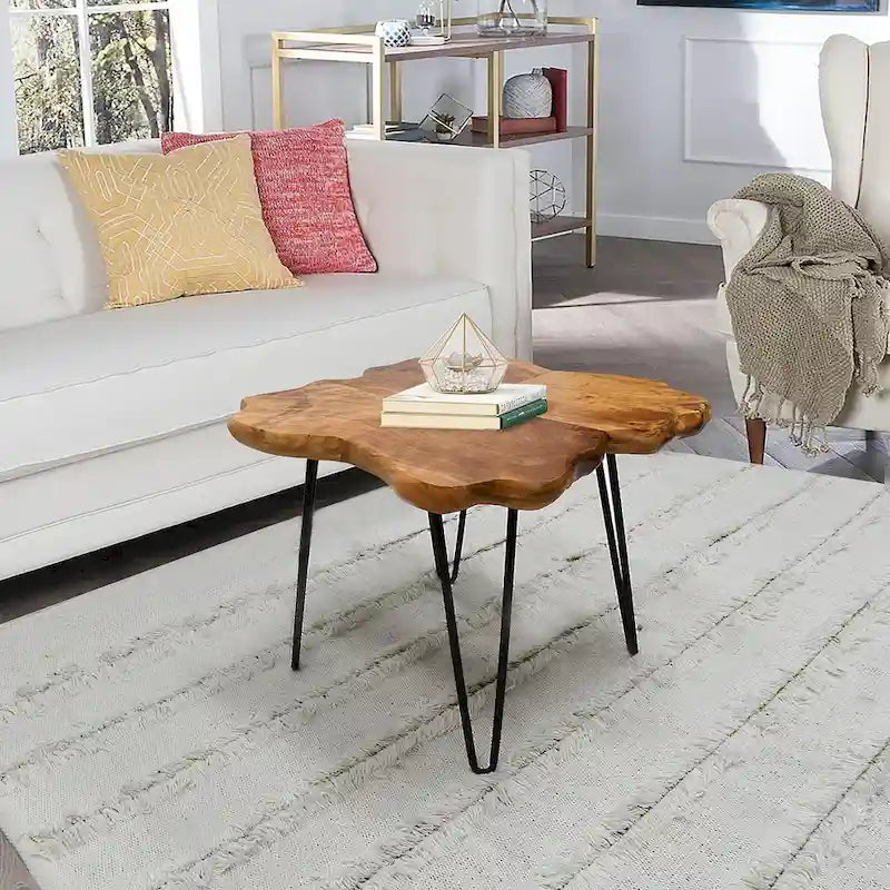 Table basse en bois à bords bruts 4 panneaux avec pieds épingles