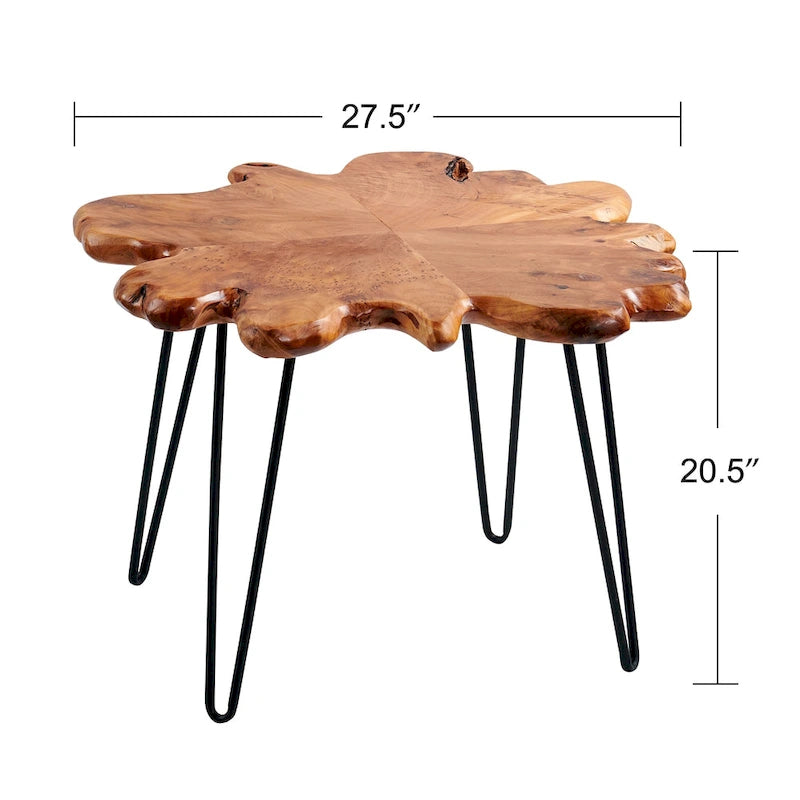 Table basse en bois à bords bruts 4 panneaux avec pieds épingles