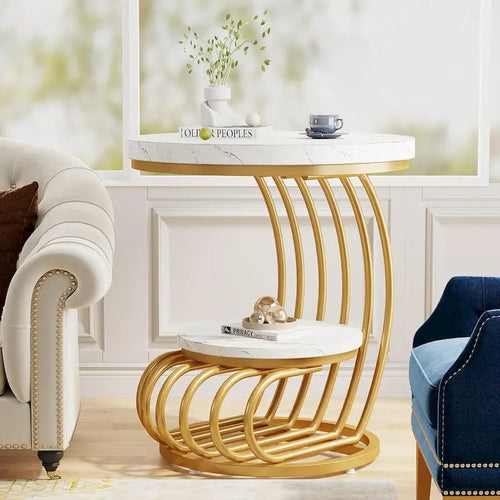 2 Tiers Faux Marble Side Table with Storage Shelf