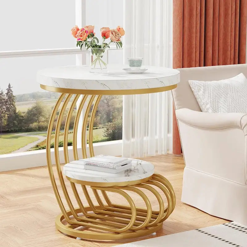 Table d'appoint à 2 niveaux en faux marbre avec étagère de rangement