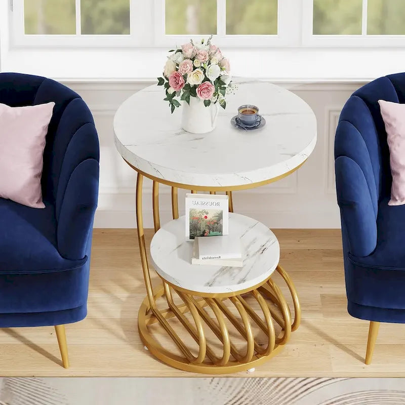 Table d'appoint à 2 niveaux en faux marbre avec étagère de rangement