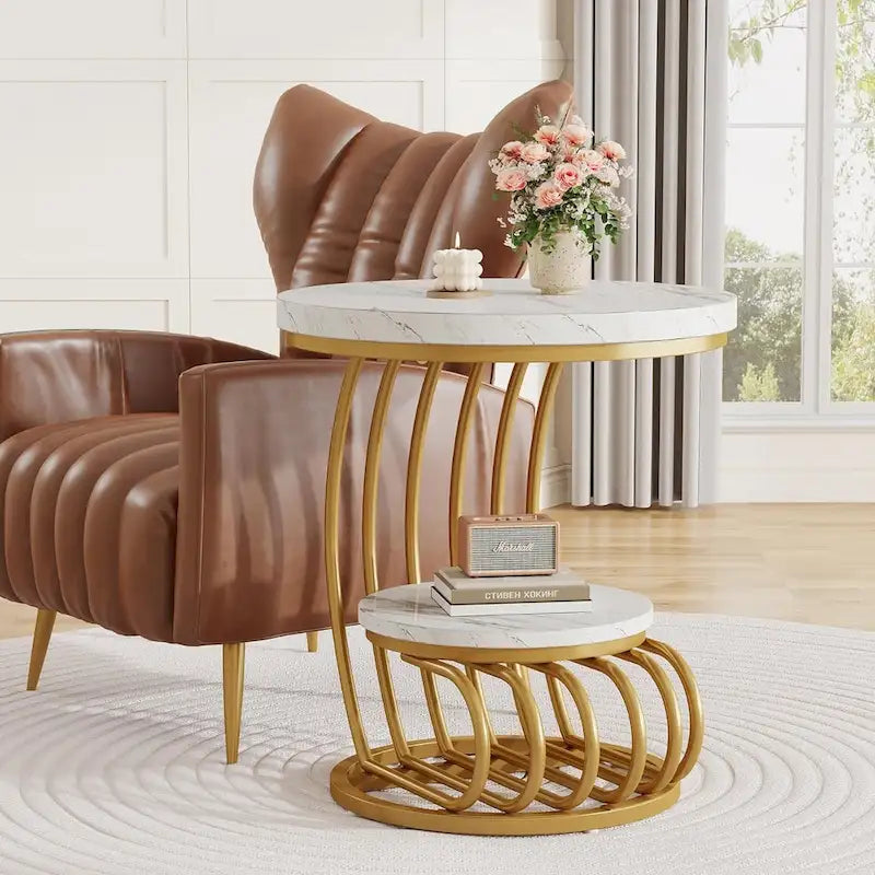 Table d'appoint à 2 niveaux en faux marbre avec étagère de rangement