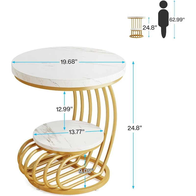 Table d'appoint à 2 niveaux en faux marbre avec étagère de rangement