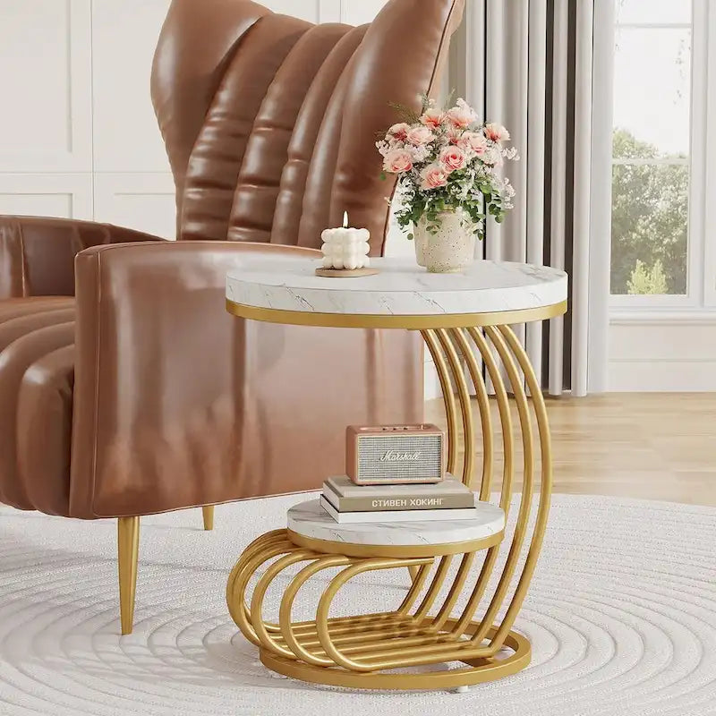 Table d'appoint à 2 niveaux en faux marbre avec étagère de rangement