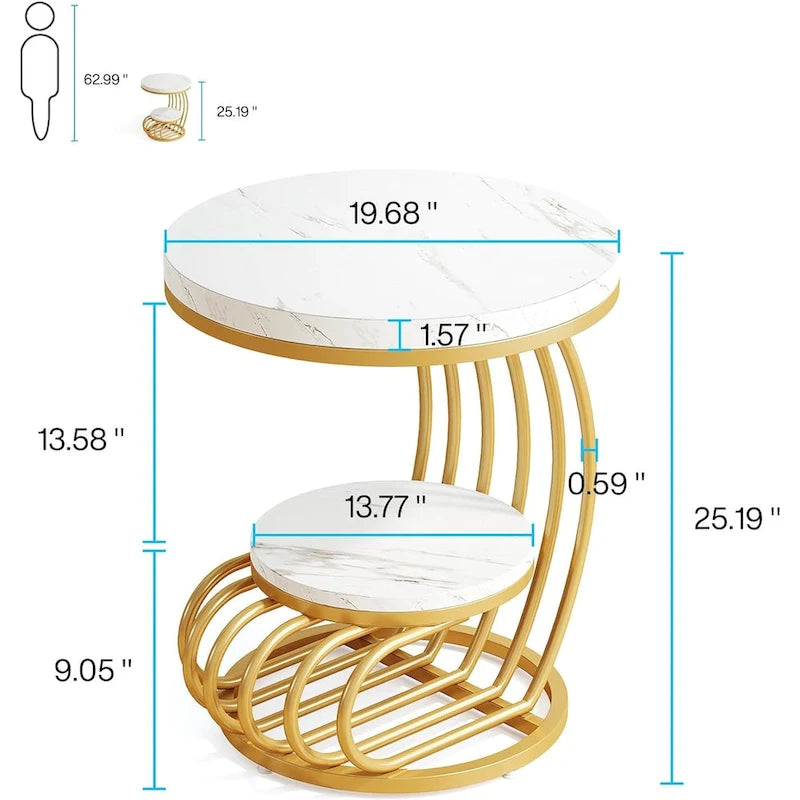 Table d'appoint à 2 niveaux en faux marbre avec étagère de rangement