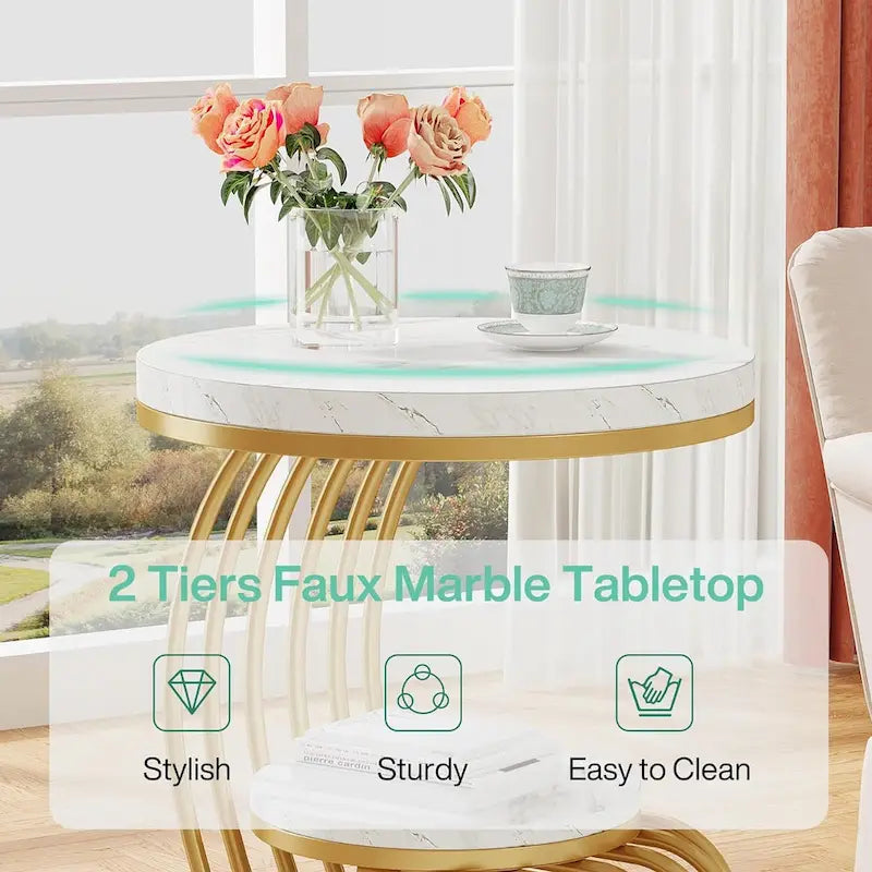 Table d'appoint à 2 niveaux en faux marbre avec étagère de rangement