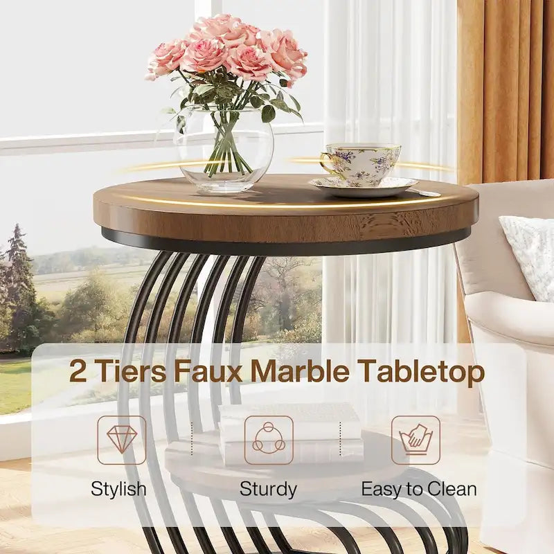 Table d'appoint à 2 niveaux en faux marbre avec étagère de rangement