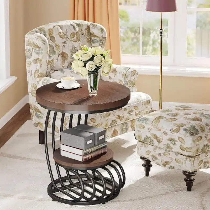 Table d'appoint à 2 niveaux en faux marbre avec étagère de rangement