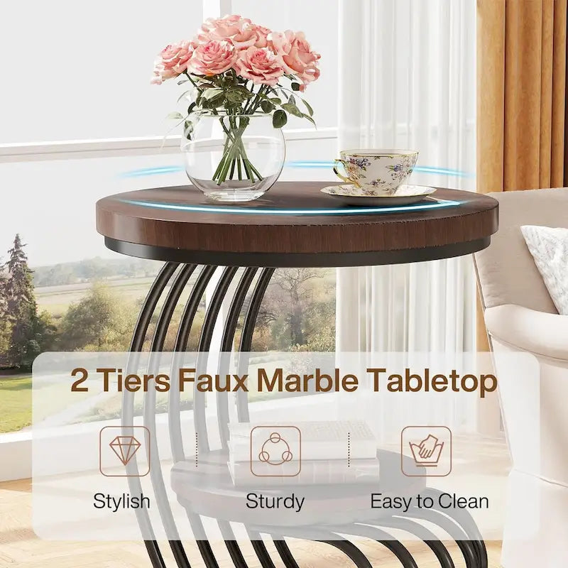 Table d'appoint à 2 niveaux en faux marbre avec étagère de rangement