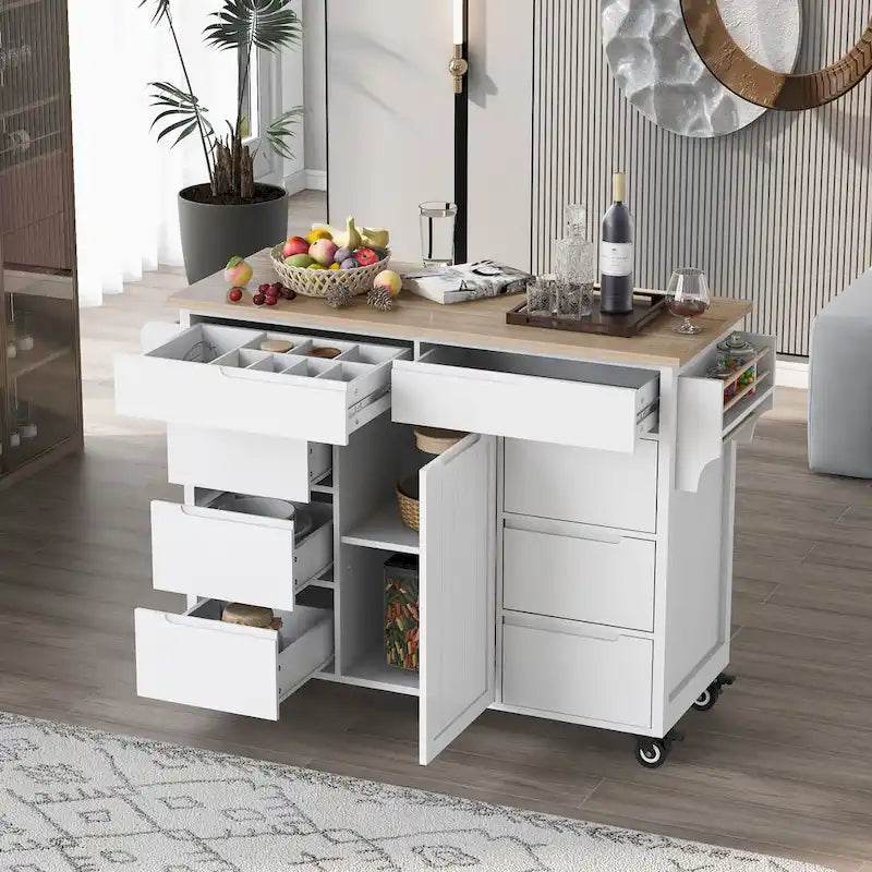 Chariot d'îlot de cuisine avec plateau en bois d'hévéa et roulettes verrouillables