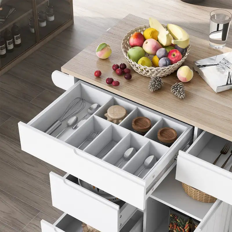 Chariot d'îlot de cuisine avec plateau en bois d'hévéa et roulettes verrouillables