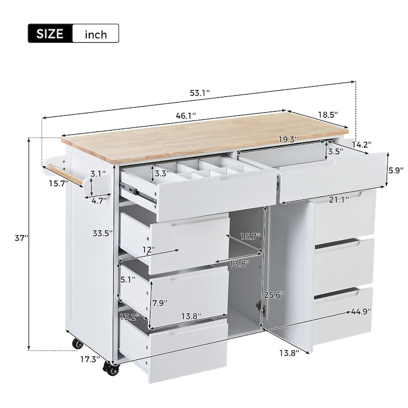 Chariot d'îlot de cuisine avec plateau en bois d'hévéa et roulettes verrouillables