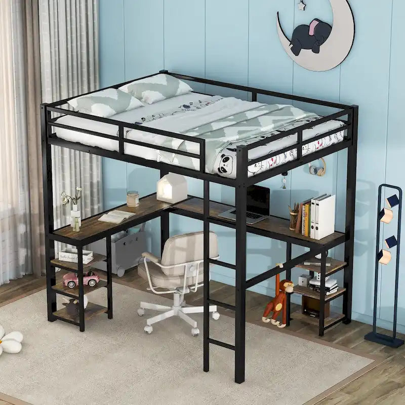 Lit mezzanine en métal avec bureau et étagères, lit mezzanine avec échelle et balustrades, cadre de lit mezzanine pour chambre, noir