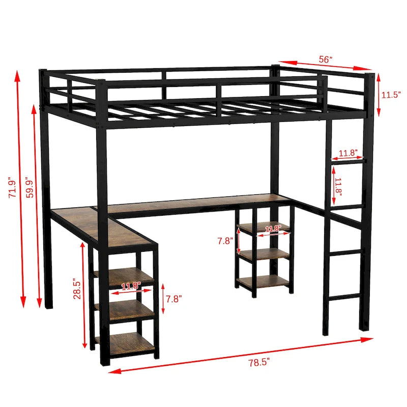 Lit mezzanine en métal avec bureau et étagères, lit mezzanine avec échelle et balustrades, cadre de lit mezzanine pour chambre, noir