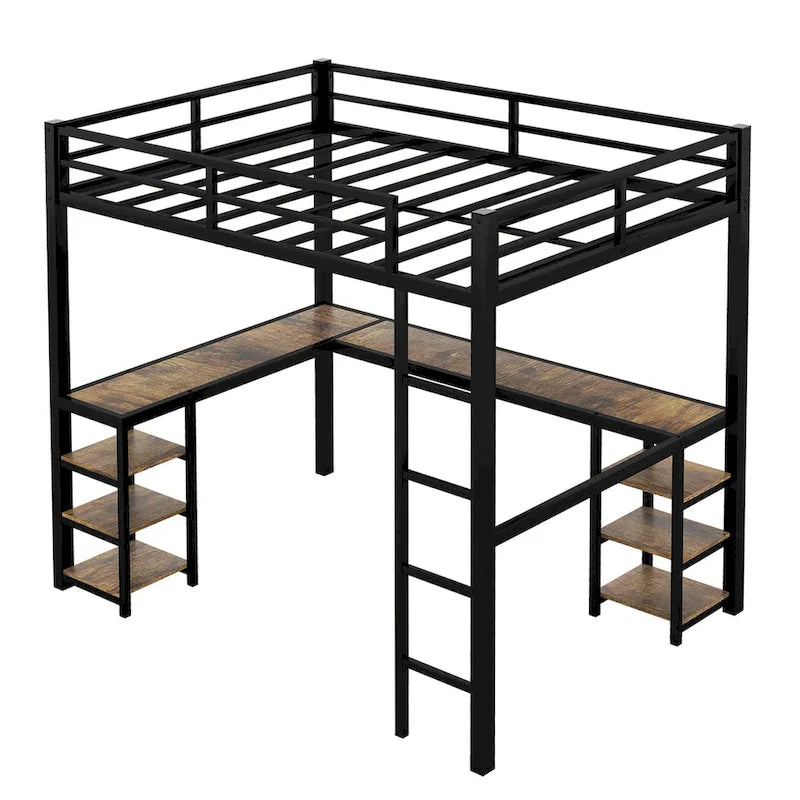 Lit mezzanine en métal avec bureau et étagères, lit mezzanine avec échelle et balustrades, cadre de lit mezzanine pour chambre, noir