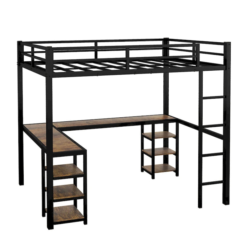 Lit mezzanine en métal avec bureau et étagères, lit mezzanine avec échelle et balustrades, cadre de lit mezzanine pour chambre, noir